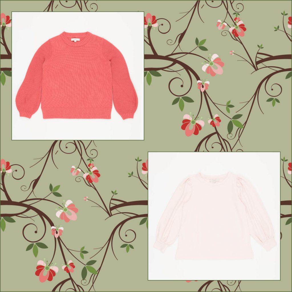 Picture of coral blouson sleeve sweater and pink sweatshirt blouse with a pretty floral background behind bother pictures.