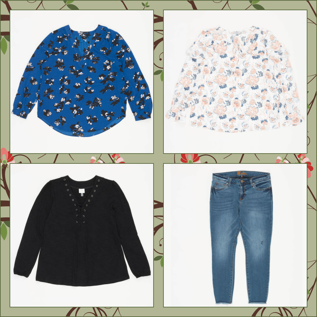 Two floral blouses and a black lace up neckline blouse and a pair of Kut from the Kloth jeans with frayed ankles. They are all individual pictures on a pretty floral background.