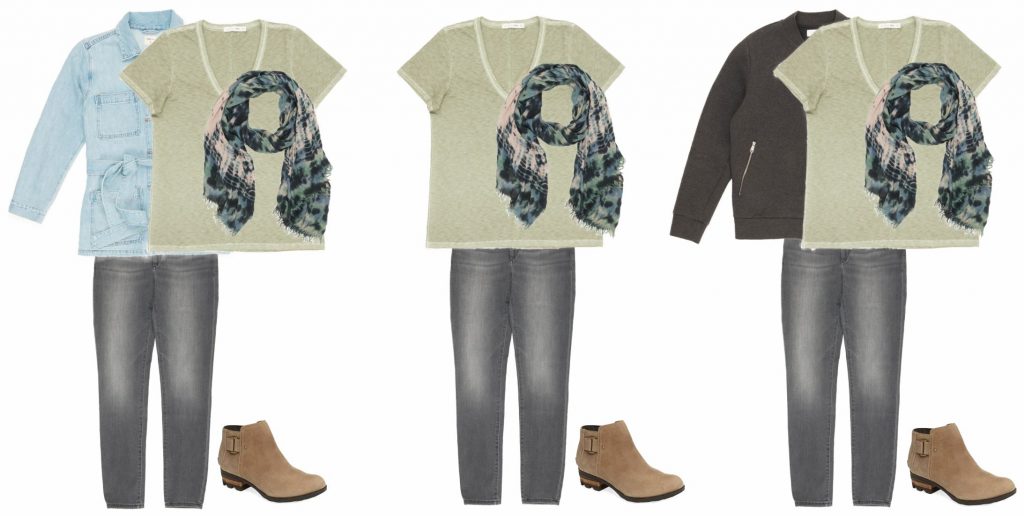 Rag & Bone burned out green v-neck tee worn by itself with jeans and a scarf then layered with a denim jacket and then layered with a bomber jacket. Same Sorel booties and gray skinny jeans with all three outfits.