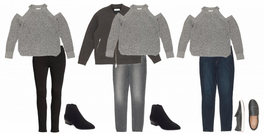Cold Shoulder white and black knit sweater paired with black, gray and dark jeans and gray jean outfit is layered with a bomber jacket for cooler weather. Black booties and sneakers are paired with the outfits.