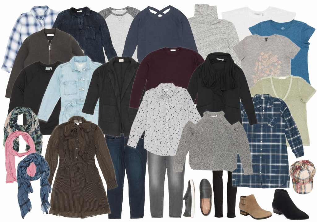 29 wardrobe pieces to make a capsule wardrobe for traveling. Neutrals and some pops of color.