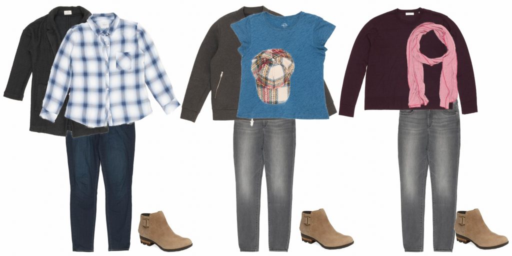 3 outftis. First is a plaid blue and white button down with a dark gray sweater jacket with pockets and dark jeans, 2nd is royal vintage blue tee with gray bomber jacket and red plaid ball cap with gray jeans and 3rd is a burgundy sweater with a red and white scarf with gray jeans. All with Sorel booties.