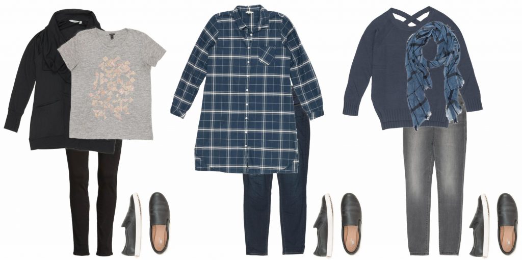 3 outfits. One is a graphic tee with black cardigan and black jeans, 2nd is navy plaid tunic dress with dark jeans, and 3rd is a navy sweater with a little bit of an open back and a plaid scarf with gray jeans.