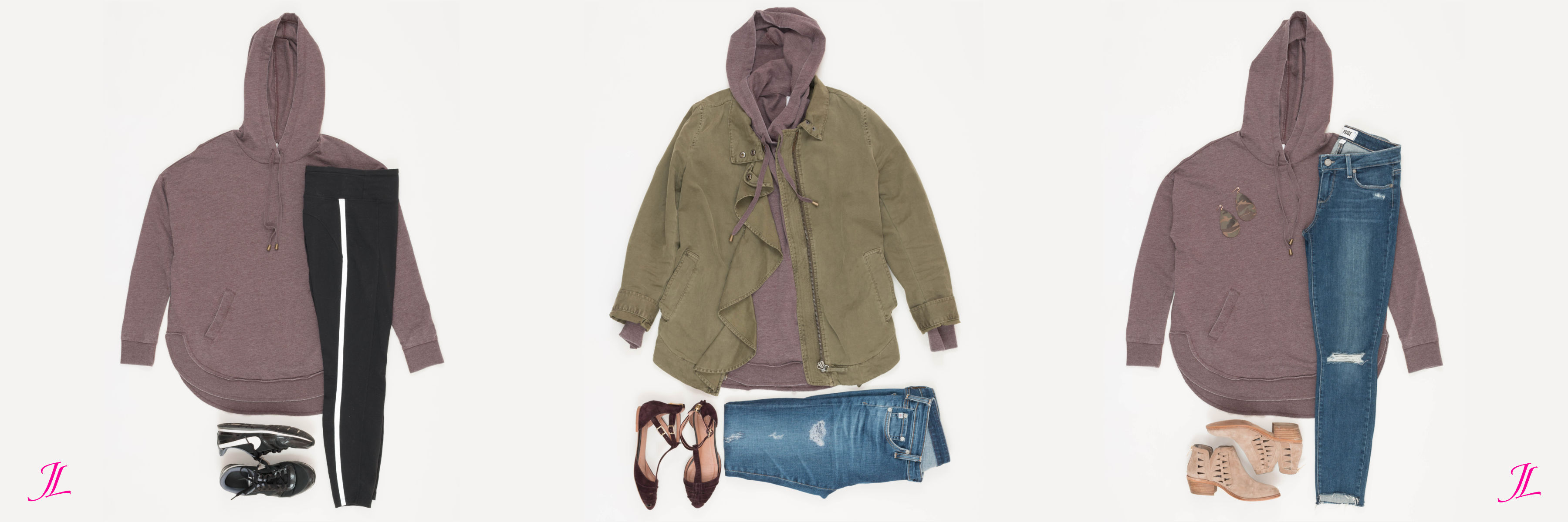 3 outfits with hoodie. 1. Hoodie with leggings that have a white stripe down the side and some Nike black retro tennis shoes. 2. Hoodie with green utility jacket that has a ruffle down the front with destroyed denim and Joie t-strap wine colored flats. 3. Hoodie with ripped at the knee jeans and tan booties.