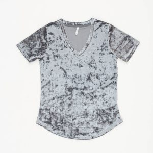 This is a crushed velvet v-neck short sleeve t-shirt with a curved hem and a flattering fit.