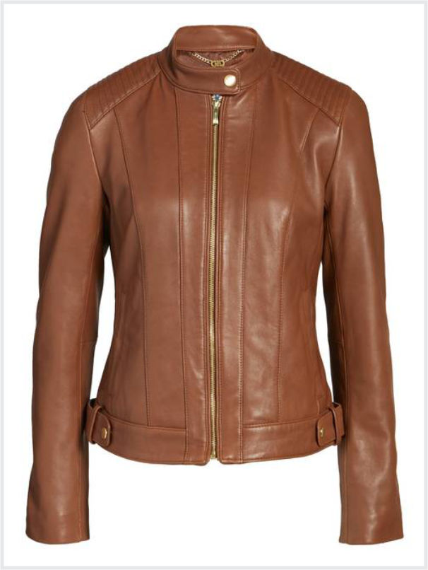 Pretty simple biker style jacket with stand up button collar and centered zipper