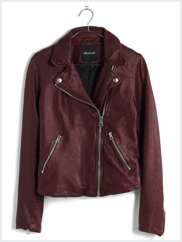 Beautiful wine colored moto with smaller collar and zips on the sleeves and front pockets