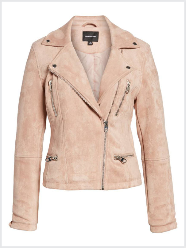 Faux suede pink moto jacket with smaller notched collar