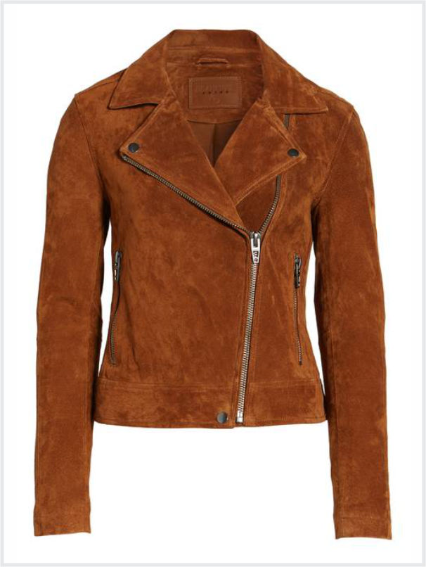 Beautiful suede moto jacket in a pretty brownish orange color. Large collar and asymmetrical zip in front.