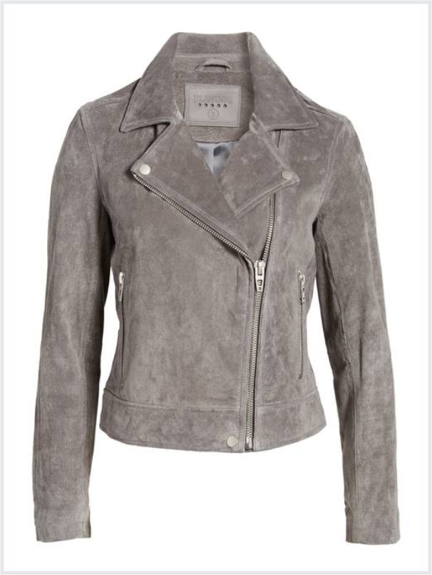 Beautiful silver gray suede moto jacket with large collar and asymmetrical zipper on front.