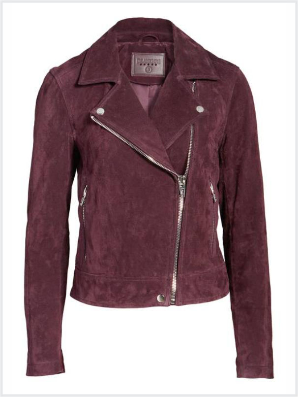 Beautiful burgundy suede moto jacket with large collar and asymmetrical zipper on front.