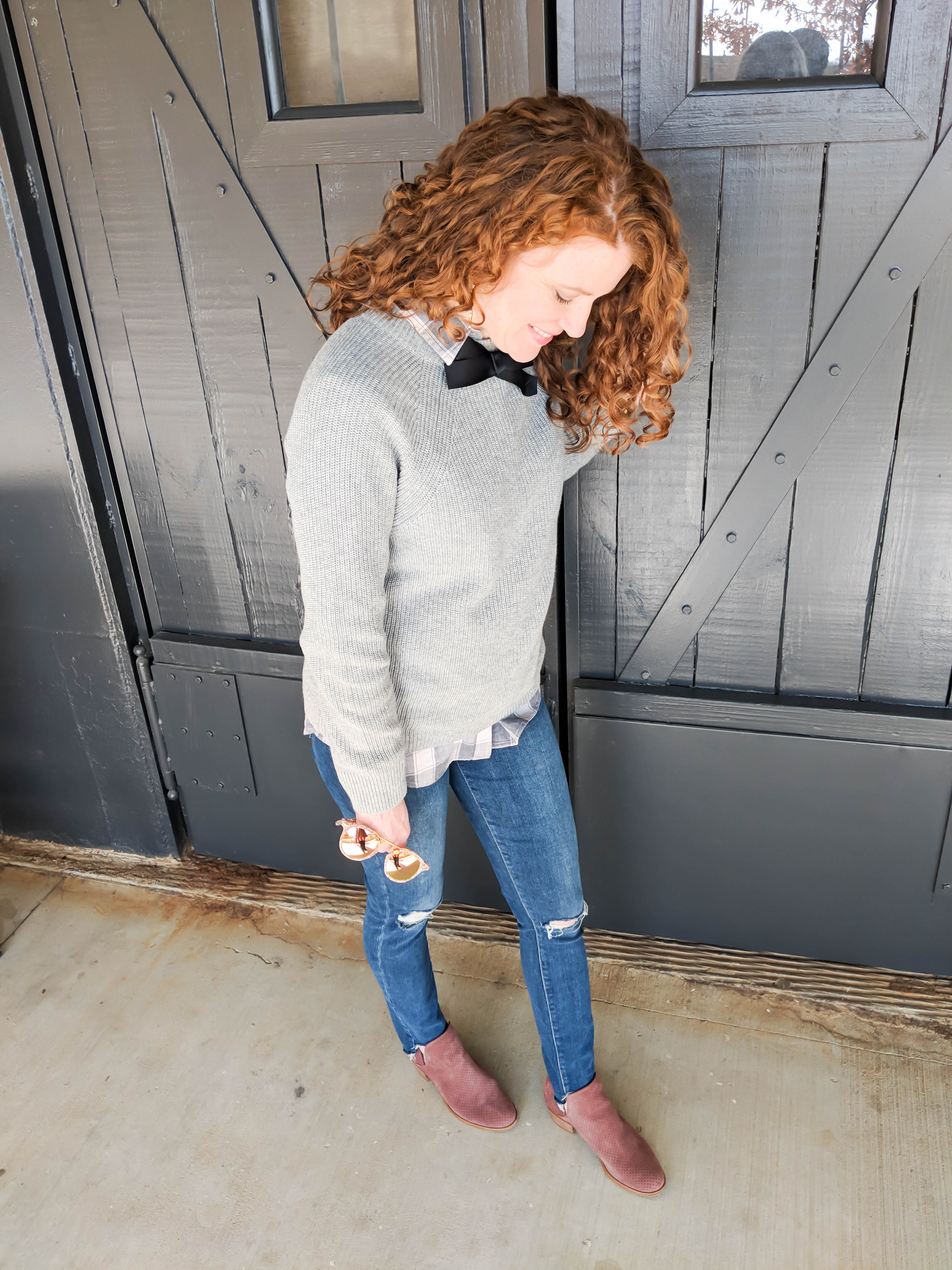 My Gayle Sweater Layered over a button down and pink booties.