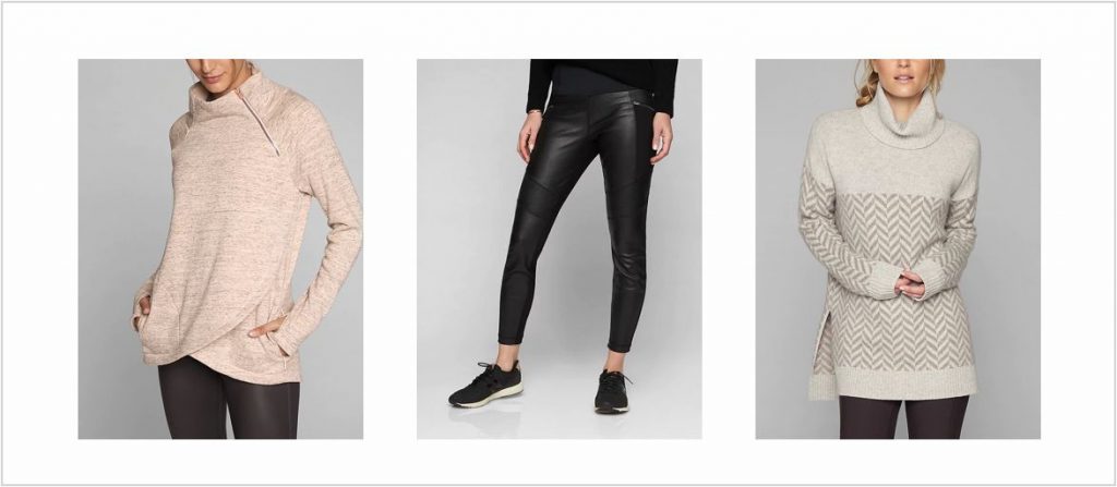 Picture of a pullover with a zipper at the neck, a leather tight and a chevron turtleneck sweater from Athleta