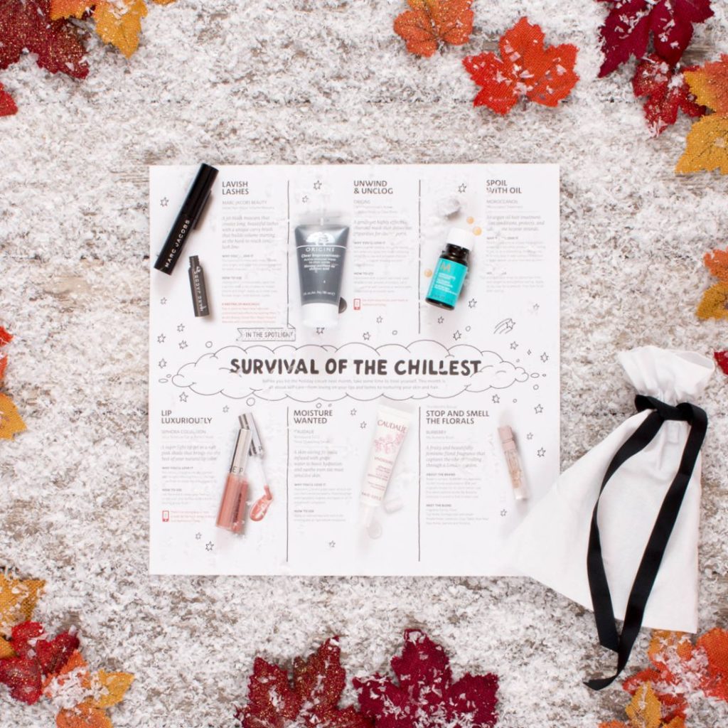 This is the Play by Sephora November box and includes 6 samples for winter skincare, makeup and hair.