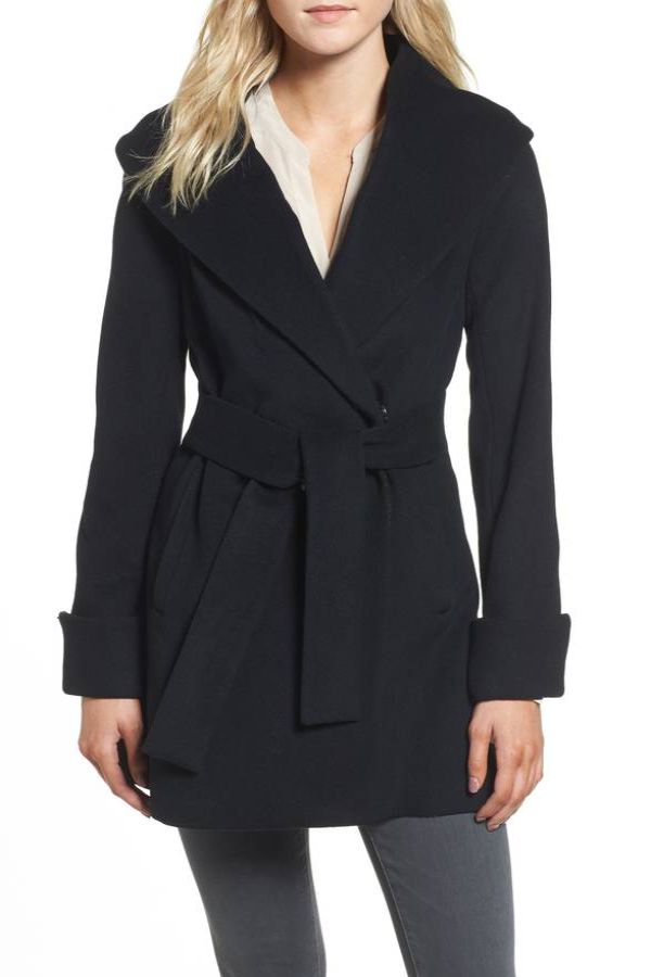 Black wrap coat with a cuff and fold over collar.