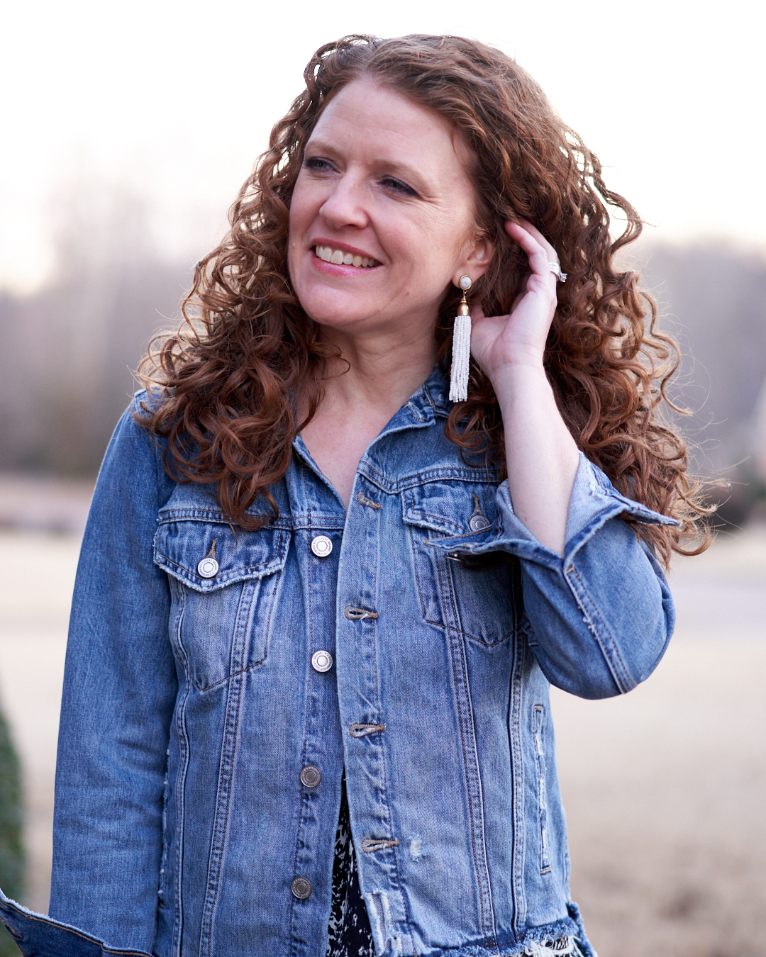 Lucky Brand The Tomboy Trucker Jacket with Jumpsuit with Stella & Dot Tassel earrings