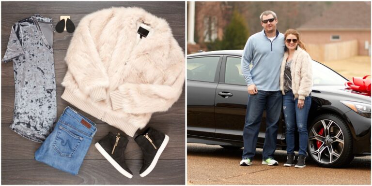 Flat Lay to Life-Styled photo with Banana Republic faux fur bomber jacket, Z Supply crushed velvet t-shirt, AG ripped legging jeans, Kenneth Cole high top black sneakers with zippers