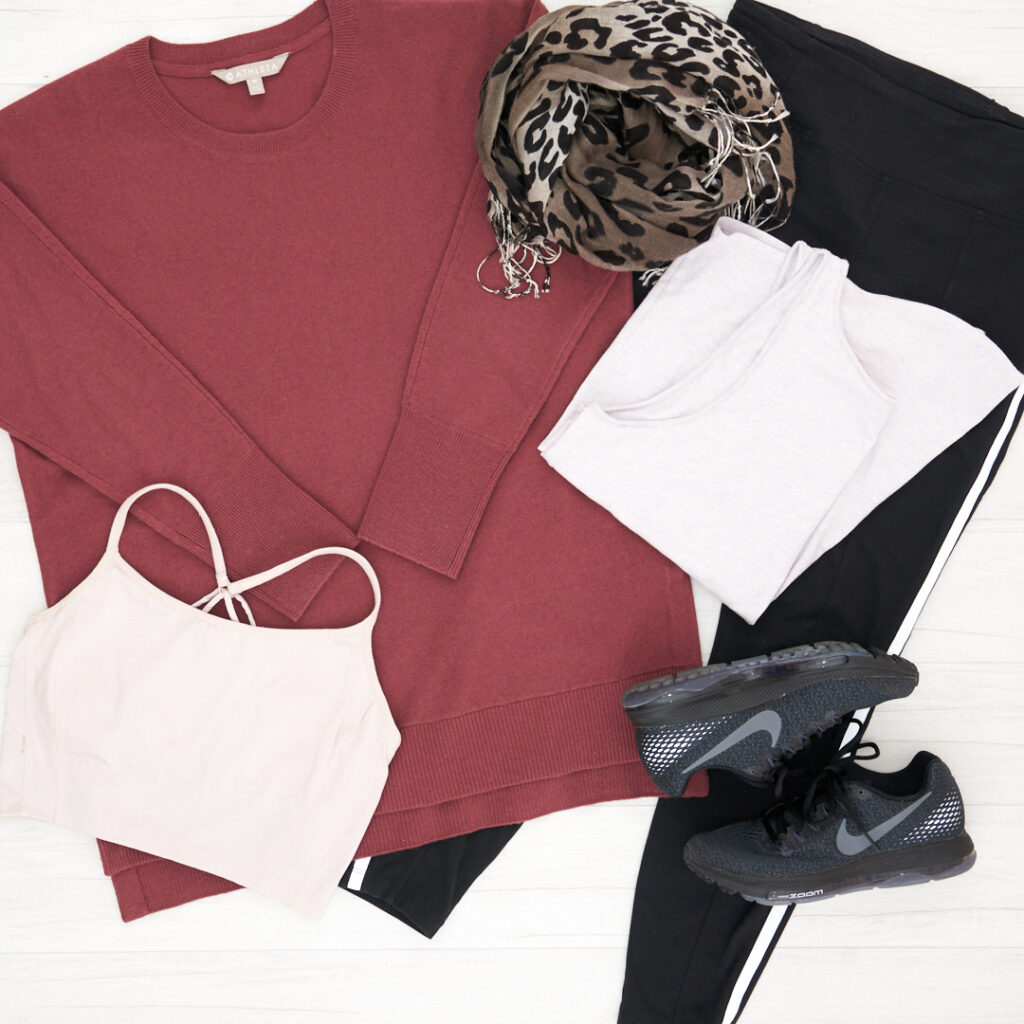 Athleta Wool/Cashmere Sweater with Athleta Metro 7/8 tights with white stripe down the side, Nike All Out Running shoe in black and a Athleta sports bra, tank and leopard scarf.