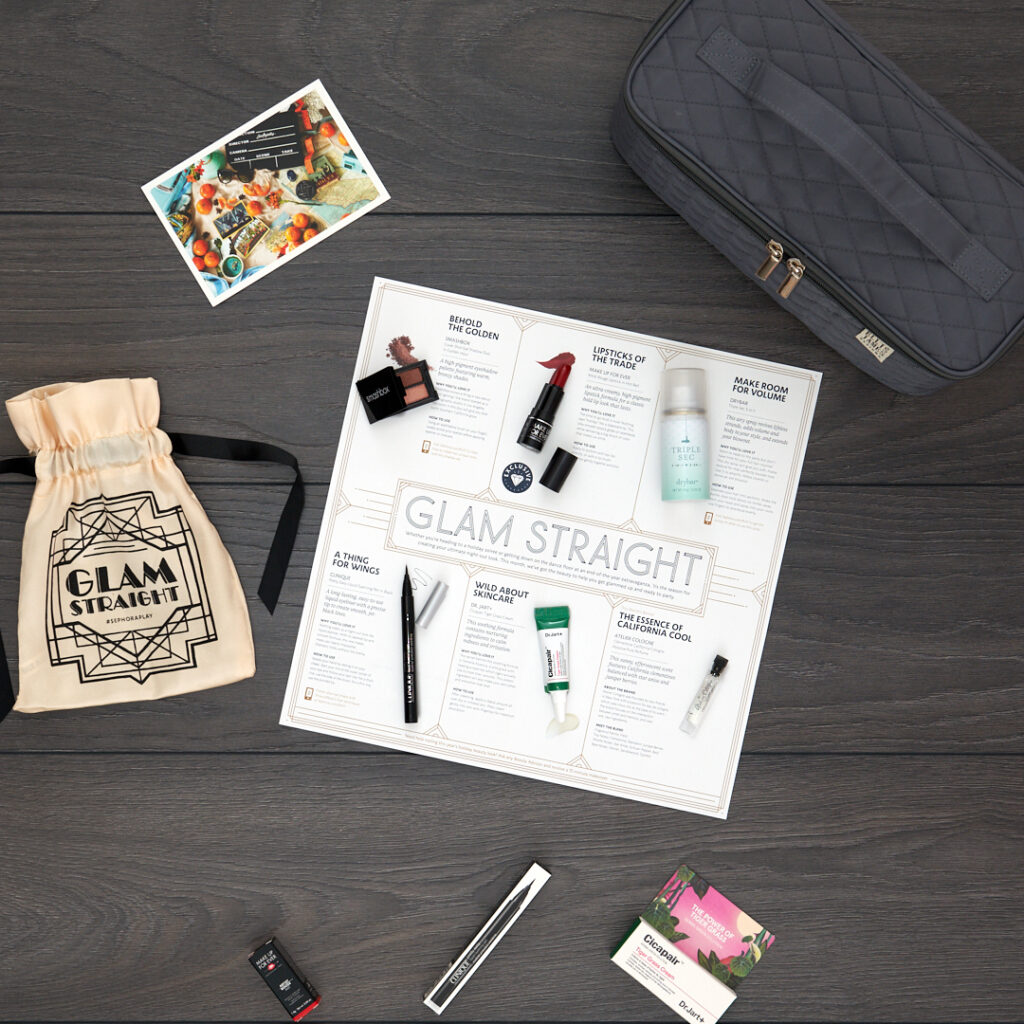 Play by Sephora December box samples and Ellis James Large Cosmetic bag.