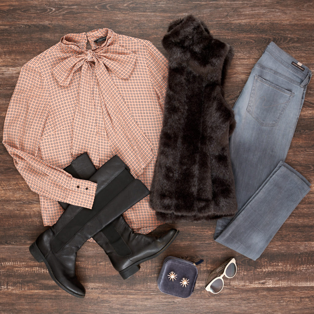 Flat Lay for Flat Lay in Motion Video No. 1. OfBanana Republic faux fur vest, Zara print blouse, Citizen of Humanity Jeans, Kendra Scott Earrings and Cole Haan tall black boots.