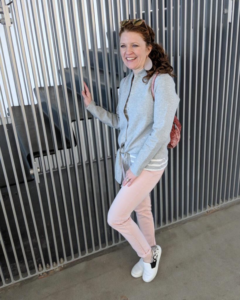 J Crew Tie Front Cardigan in Heather Gray with pink denim and striped tank top