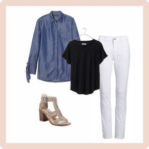 Banana Republic Chambray Tunic Blouse with Black tee, white jeans and a heeled sandal