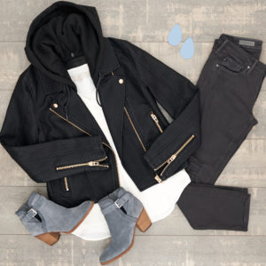 BlankNYC moto jacket with black jeans and grey booties