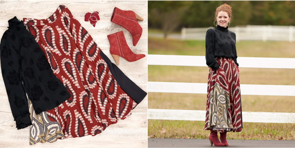 A Flat lay to life-styled photo of skater skirt and cupro blouse for the holidays
