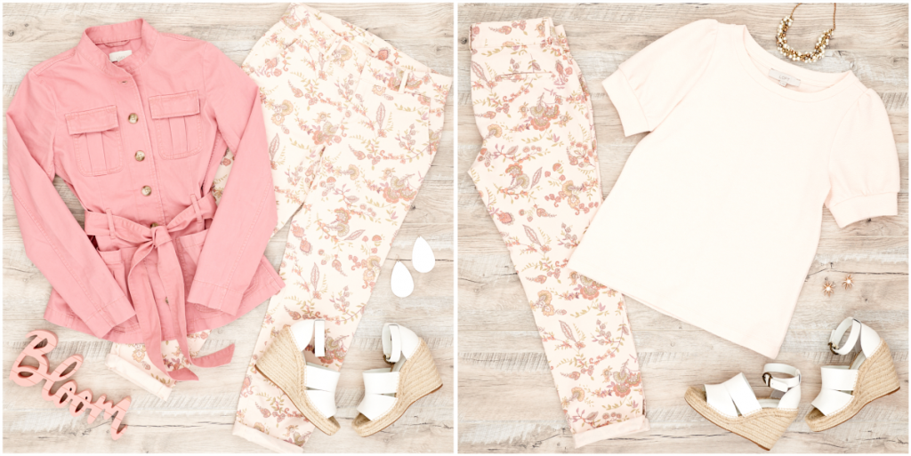 Two Flat Lay photos of floral pants outfits