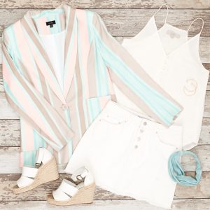 Flat Lay to Life Styled Post with flat lay of striped Vici Dolls Blazer and white denim skirt. Worn with a cream camisole and white wedges