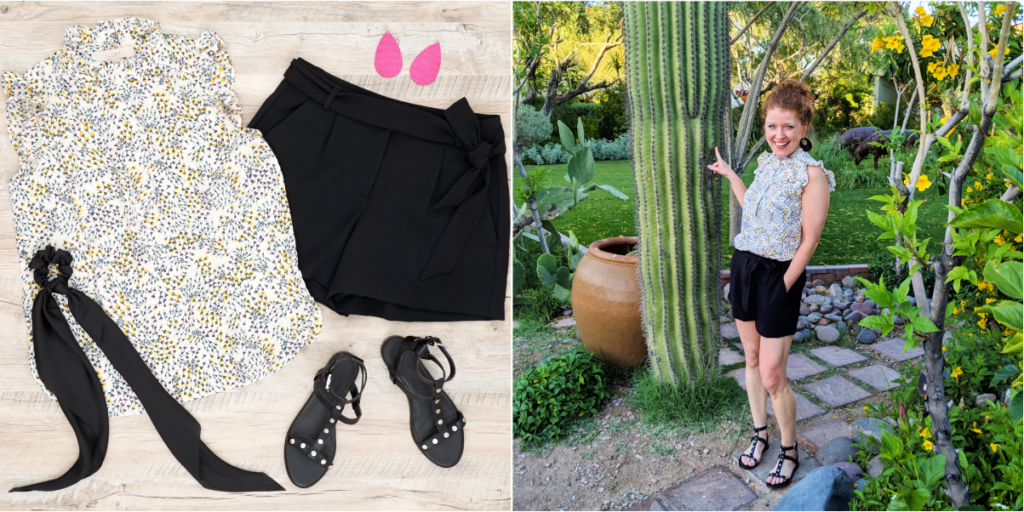 Feature image with floral blouse and black tie waist shorts - flat lay outfit and life styled outfit photo