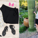 Feature image with floral blouse and black tie waist shorts - flat lay outfit and life styled outfit photo