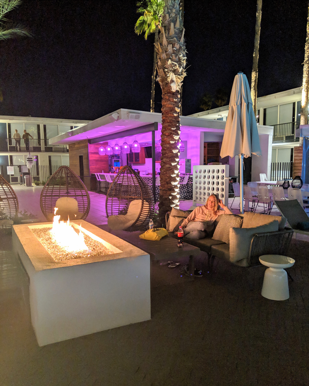 An evening shot of the Hotel Adeline pool area. SO pretty at night!