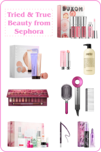Photo of several of my favorite beauty products from sephora. Pinterest size graphic.