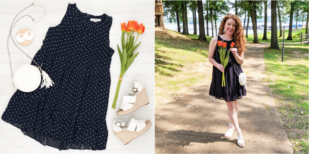 Flat lay photo and life-styled photo of dress with white espadrille wedges, circle bag and circle earrings and orange tulips