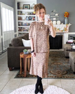 A Two Piece Set! The Spotted Slip On Midi Skirt is paired with the exact matching top and my Over the Knee Boots!