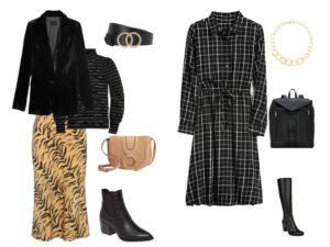 Dressy outfits for holiday events. A black velvet blazer with a black metallic striped turtleneck and the zebra slip-on skirt, 2nd outfit is a black and white plaid shirtdress paired with tall boots.