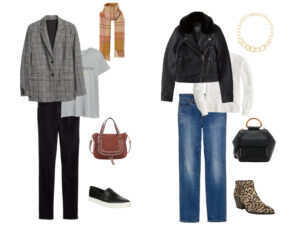 Picture of two outfits put toger from the style guide. One has a plaid blazer over a graphic tee with black jeans and the other is a moto jacket over a white tee with straight leg jeans.