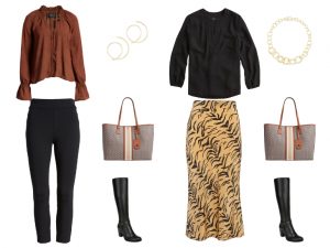 Smart casual outfits. A spotted print blouse with skinny legging pants and tall boots. The other outfits is a slip-on zebra skirt with a black top and tall boots.