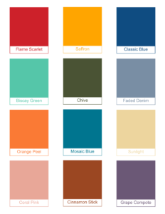 Pantone Color Swatches: Flame Scarlet, Saffron, Classic Blue, Biscay Green, Chive, Faded Denim, Orange Peel, Mosaic Blue, Sunlight, Coral Pink, Cinnamon Stick, Grape Compote