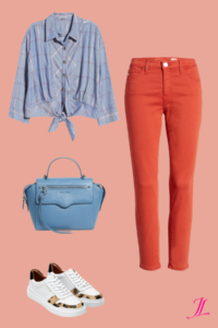 A photo of a blue button down tie waist top, orange peel skinny jeans, a denim blue satchel bag and cole haan white sneakers with a touch of leopard!