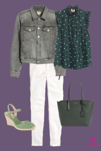 Photo of gray denim jacket with a green with purple polka dots sleevless blouse, white jeans, a olive green kate spade bag and a pair of aqua green espadrille wedges.