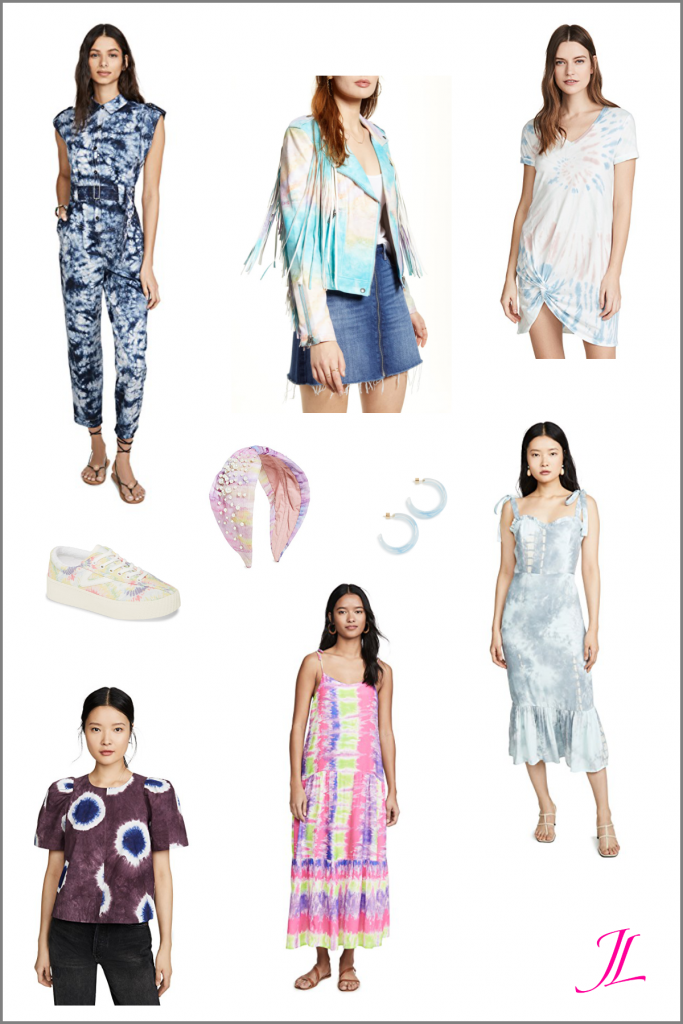 Photo of dresses, jacket, top and head band that are tie dye for spring