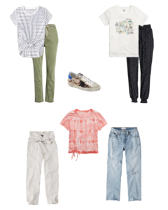 A collage of different tees and pants or jeans to wear while staying at home.