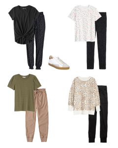 Joggers and top outfits for staying at home. A Collage of 4 outfits.