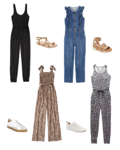 Casual Jumpsuits in a collage. 4 with matching sneakers or sandals.