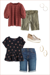 Bermuda Cargo Shorts styled With an Eyelet Top and Denim Bermuda Shorts Styled With a Peplum Casual Navy Top For Summer