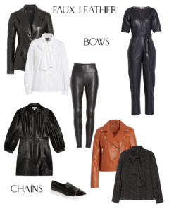 Fall/Winter 2020 Trends: Faux Leather Blazer, Leggings, Jumpsuit and Dress, Bow Tie-Neck Blouse, A Sneaker with Chains on It