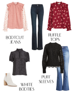 Fall/Winter Trends For 2020: BootCut Jeans with Ruffle Tops, Puff Sleeve Blouses and White Booties