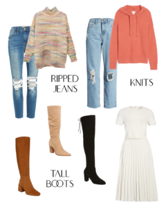 Fall/Winter 2020 Trends: Pictures of Ripped Jeans, Chunky Sweaters, Tall Boots and A Knit Dress